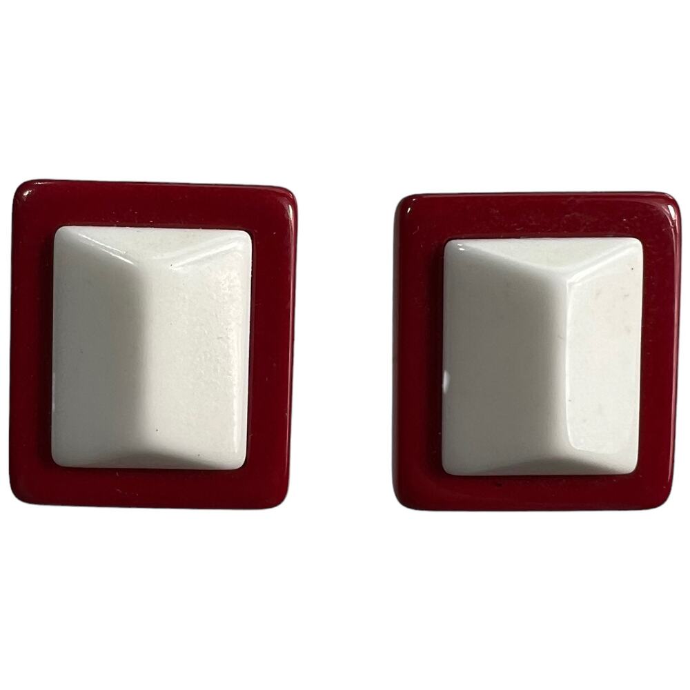 1980s Retro Raspberry Pink & White Geometric Clip-On Earrings Statement Jewelry